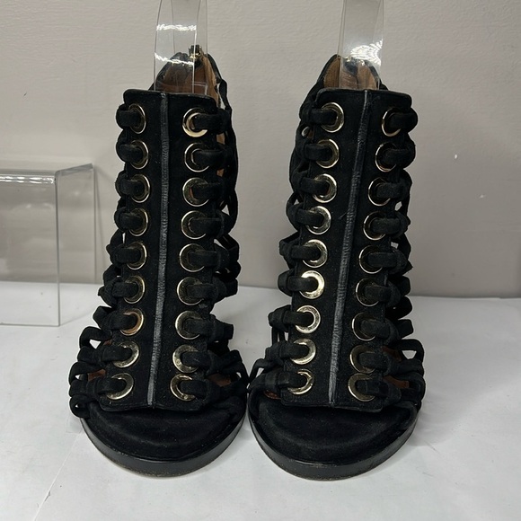 Givenchy Sz 38.5 Black Suede High Heel Peep Toe Strappy Back Zip Sandals Booties - Picture 2 of 11